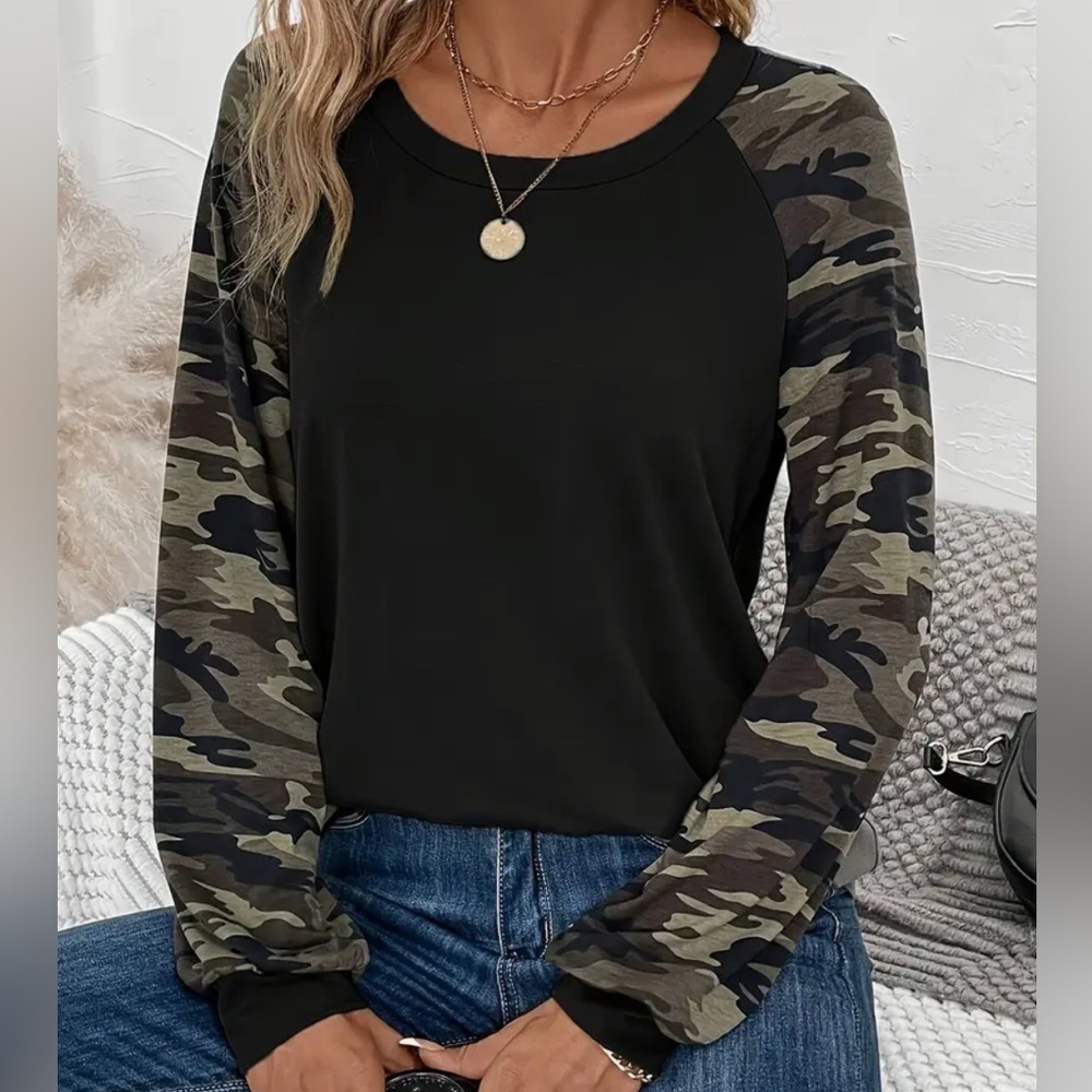 NEW Camo Sleeve Baseball Tee – Black Raglan Long Sleeve, Size Large